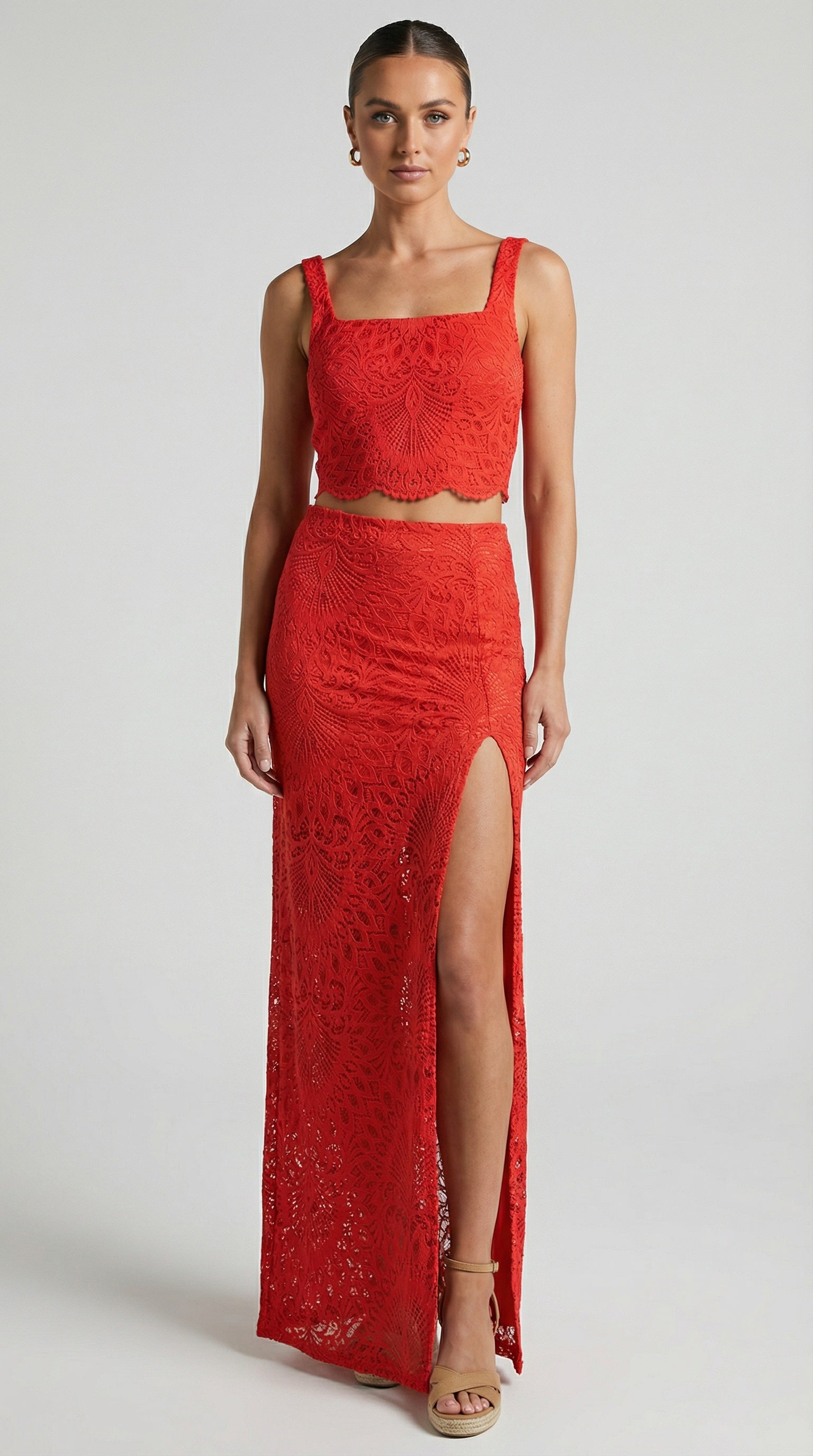 High Slit Lace Maxi Skirt Hot Coral / S High Slit Lace Maxi Skirt Hot Coral / S