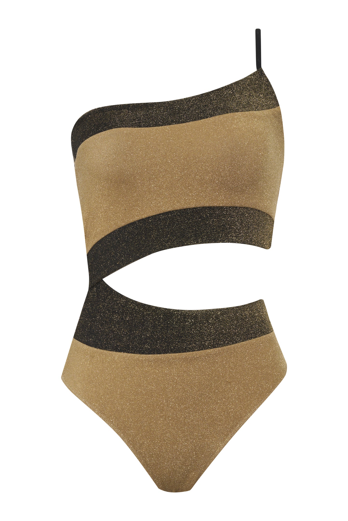 Experience the elegance of this shimmering Disco One Shoulder Swimsuit for a party on the beach or by the pool. Crafted with Lurex fabric and contrast bands, this Asymmetrical cutout swimsuit will make you shine in the sun for a dressy beach look or more relaxed poolside party. Pre order now to get your Disco on!