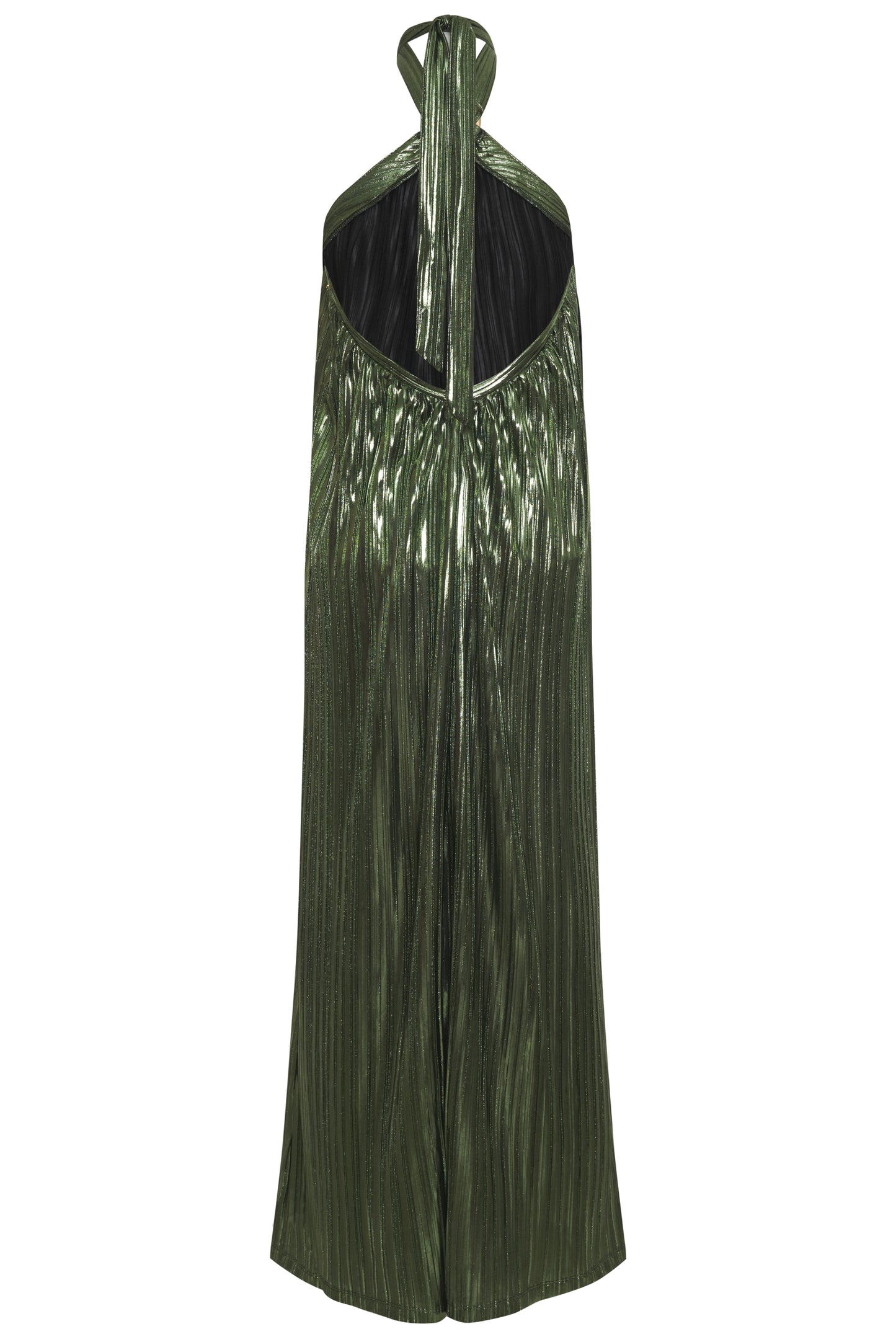 Be the belle of the ball in this Metallic Pleat Halter Gown. A timeless blend of retro vintage chic and glamorous allure, it's crafted from a pleated Lamé metallic fabric with a flowy light weight hand feel. The halter tie features elegant hardware, and the low V back adds a flirtatious touch. A perfect combination for a Resort Getaway or Guest of style to feel your best in. Specialty colors available.