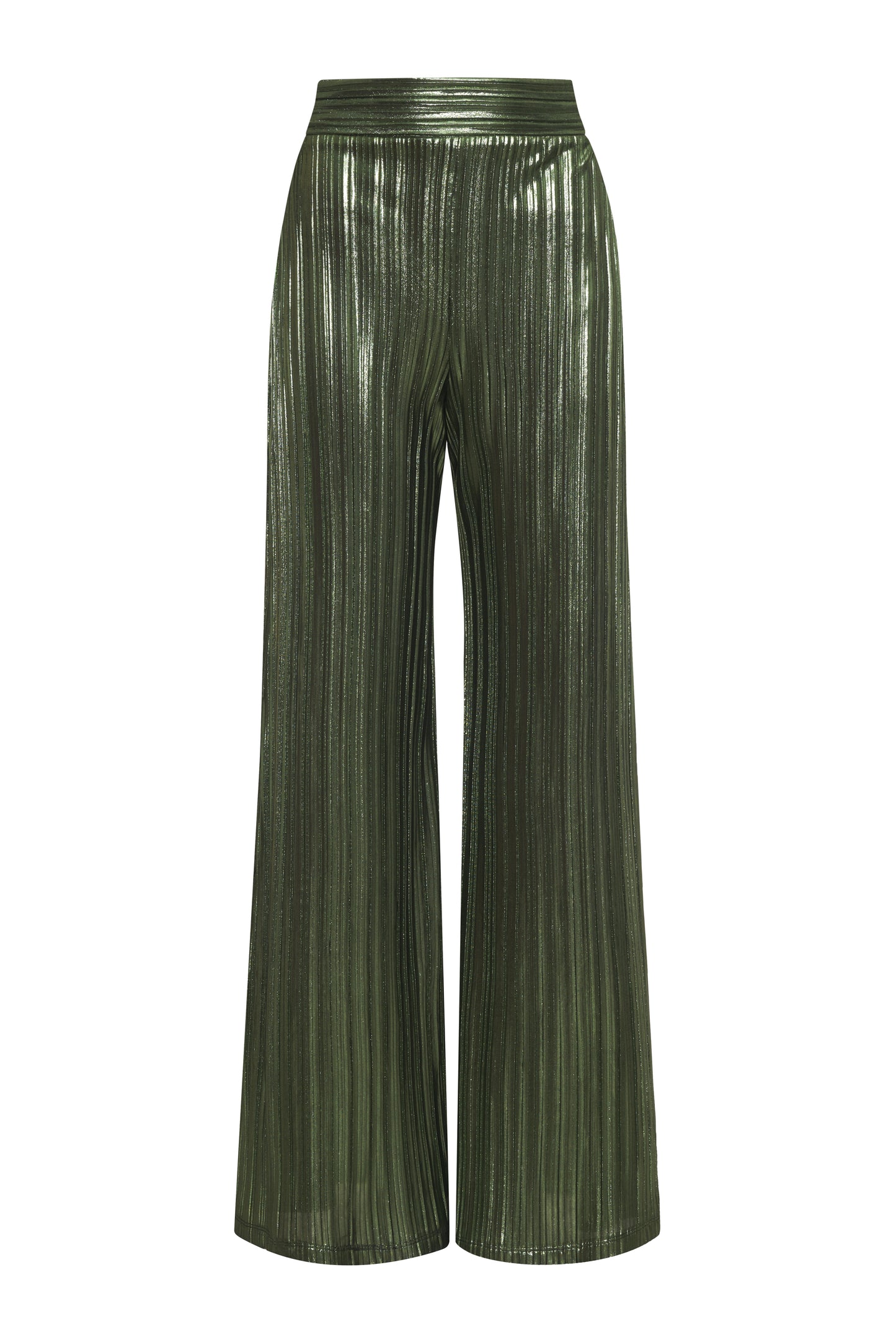 These metallic pleated wide leg pants will make any occasion sparkle. Crafted with an elastic back waistband for comfort, this loose-fit design has a high rise with a clean front waistband and flattering pleats throughout. An exclusive and elegant addition to your wardrobe. Complete the look and pair back to our Rib Ruched Top for a classic Fall look.
