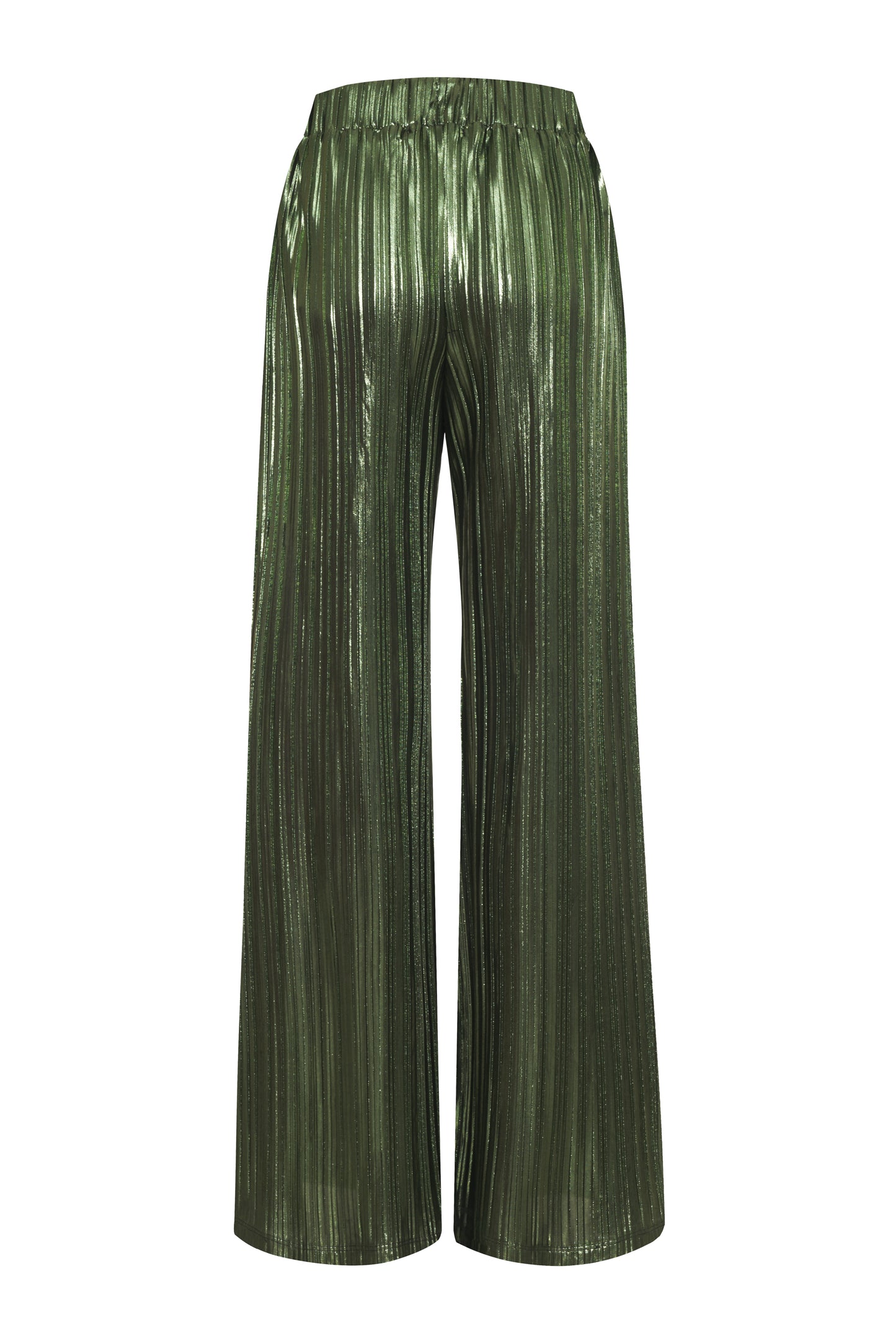 These metallic pleated wide leg pants will make any occasion sparkle. Crafted with an elastic back waistband for comfort, this loose-fit design has a high rise with a clean front waistband and flattering pleats throughout. An exclusive and elegant addition to your wardrobe. Complete the look and pair back to our Rib Ruched Top for a classic Fall look.