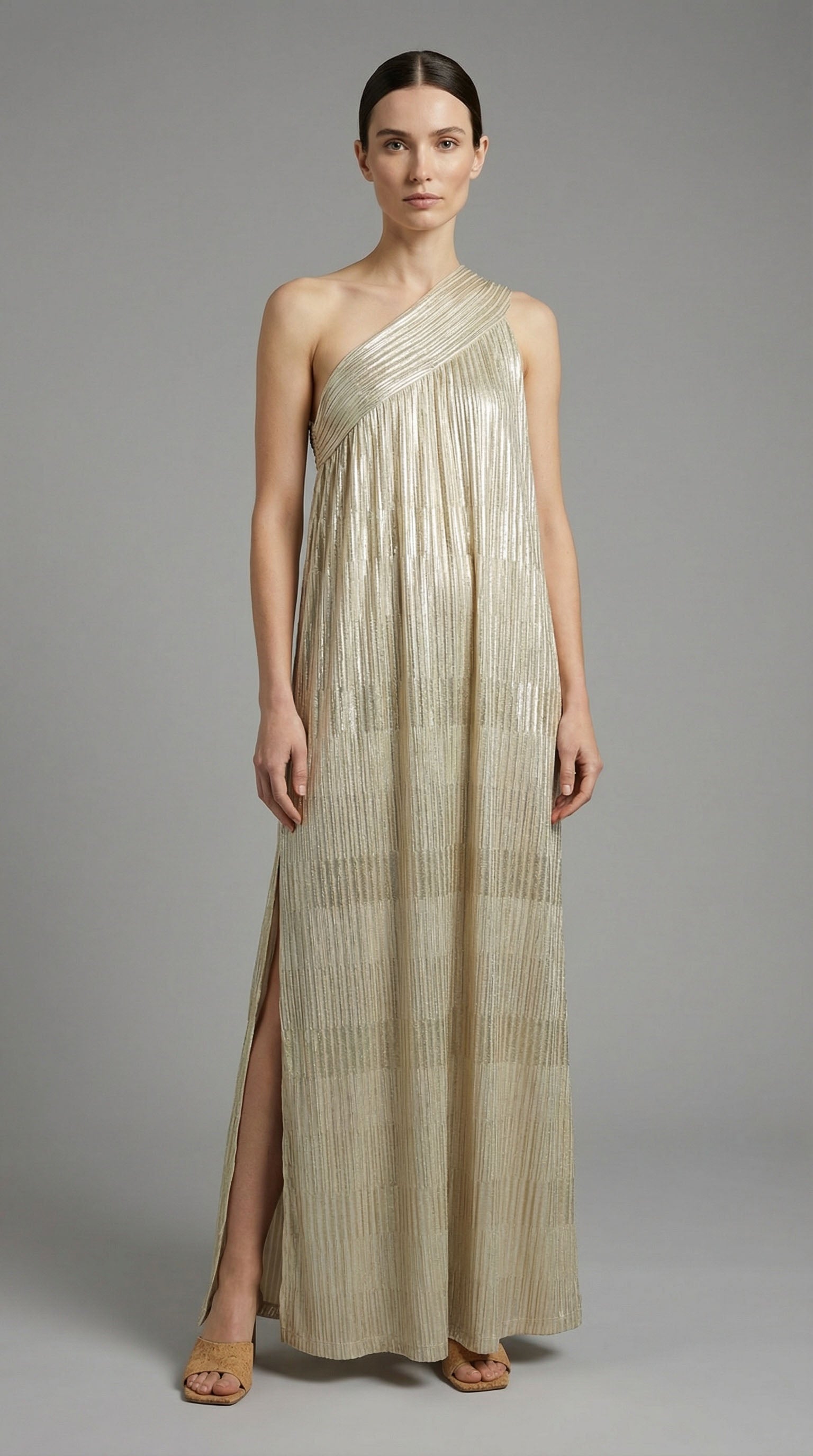 knee length dresses for ladies Grycen One-Shoulder Jacquard Midi Dress in Gold Ochre main image 1