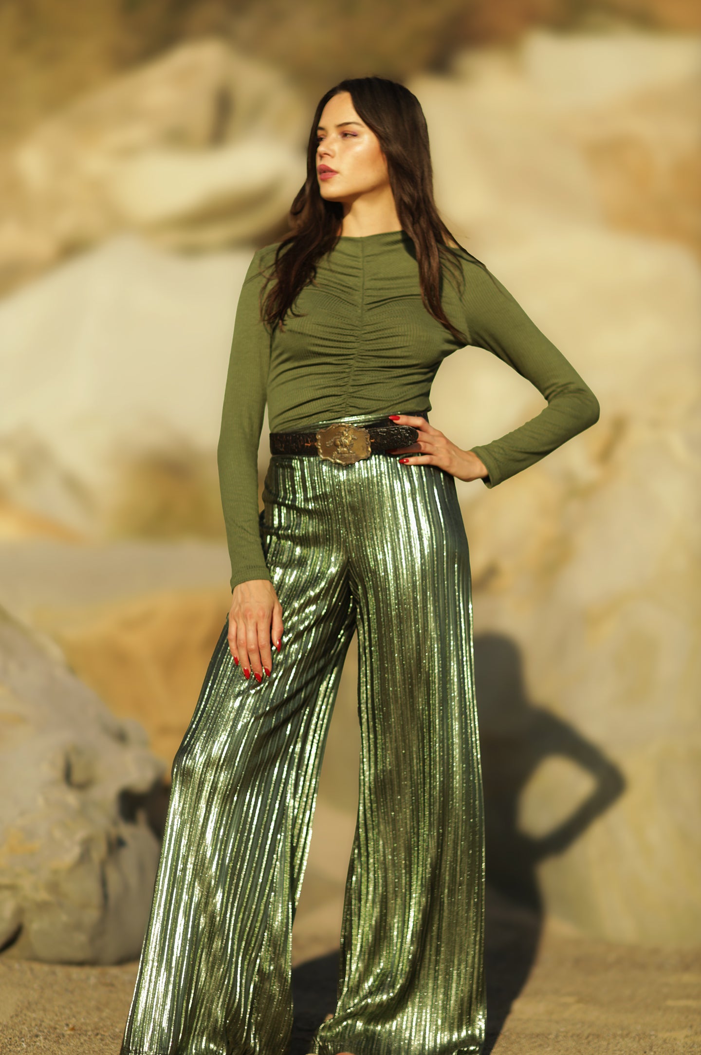 These metallic pleated wide leg pants will make any occasion sparkle. Crafted with an elastic back waistband for comfort, this loose-fit design has a high rise with a clean front waistband and flattering pleats throughout. An exclusive and elegant addition to your wardrobe. Complete the look and pair back to our Rib Ruched Top for a classic Fall look.