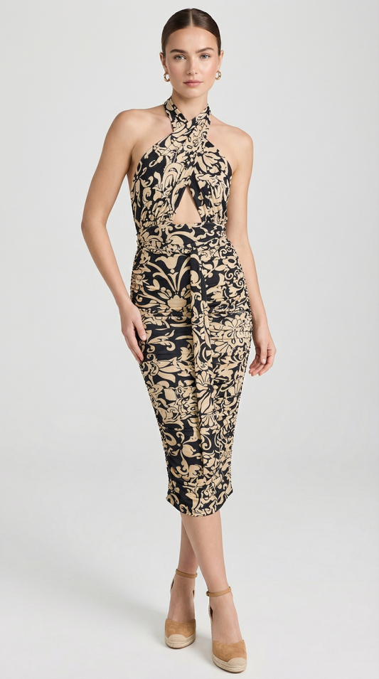 Night Floral Tie Halter Midi