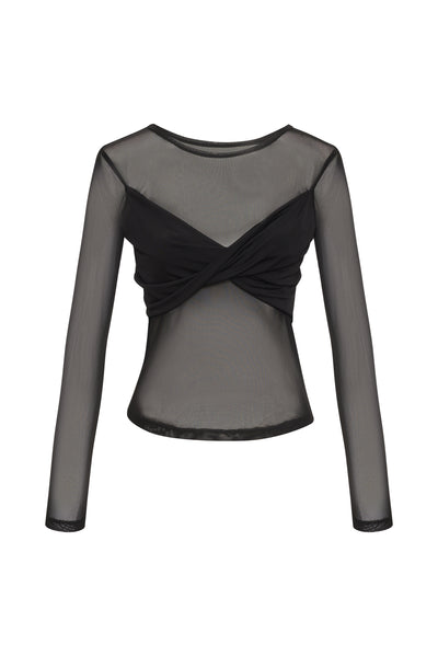 This chic and elegant mesh twist top is the ultimate night out ensemble. Featuring a built-in twist bandeau in the front with a sheer back. Pair this top with any Black Bra and high waisted pants, it is the sophisticated and tasteful wardrobe choice for an intimate and flirtatious evening. Pair back to our best selling wide-leg lamé pants to complete the look.
