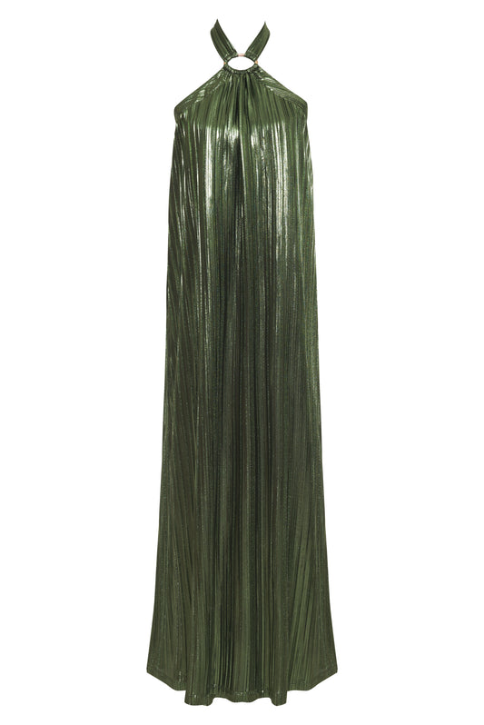 Be the belle of the ball in this Metallic Pleat Halter Gown. A timeless blend of retro vintage chic and glamorous allure, it's crafted from a pleated Lamé metallic fabric with a flowy light weight hand feel. The halter tie features elegant hardware, and the low V back adds a flirtatious touch. A perfect combination for a Resort Getaway or Guest of style to feel your best in. Specialty colors available. 