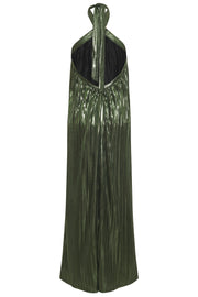 Be the belle of the ball in this Metallic Pleat Halter Gown. A timeless blend of retro vintage chic and glamorous allure, it's crafted from a pleated Lamé metallic fabric with a flowy light weight hand feel. The halter tie features elegant hardware, and the low V back adds a flirtatious touch. A perfect combination for a Resort Getaway or Guest of style to feel your best in. Specialty colors available. 