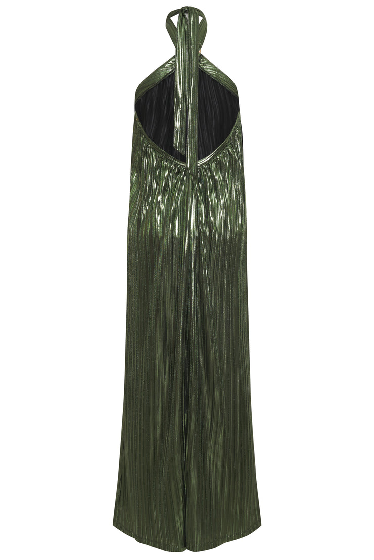 Be the belle of the ball in this Metallic Pleat Halter Gown. A timeless blend of retro vintage chic and glamorous allure, it&
