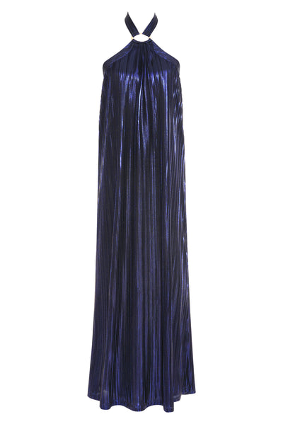 Be the belle of the ball in this Metallic Pleat Halter Gown. A timeless blend of retro vintage chic and glamorous allure, it's crafted from a pleated Lamé metallic fabric with a flowy light weight hand feel. The halter tie features elegant hardware, and the low V back adds a flirtatious touch. A perfect combination for a Resort Getaway or Guest of style to feel your best in. 