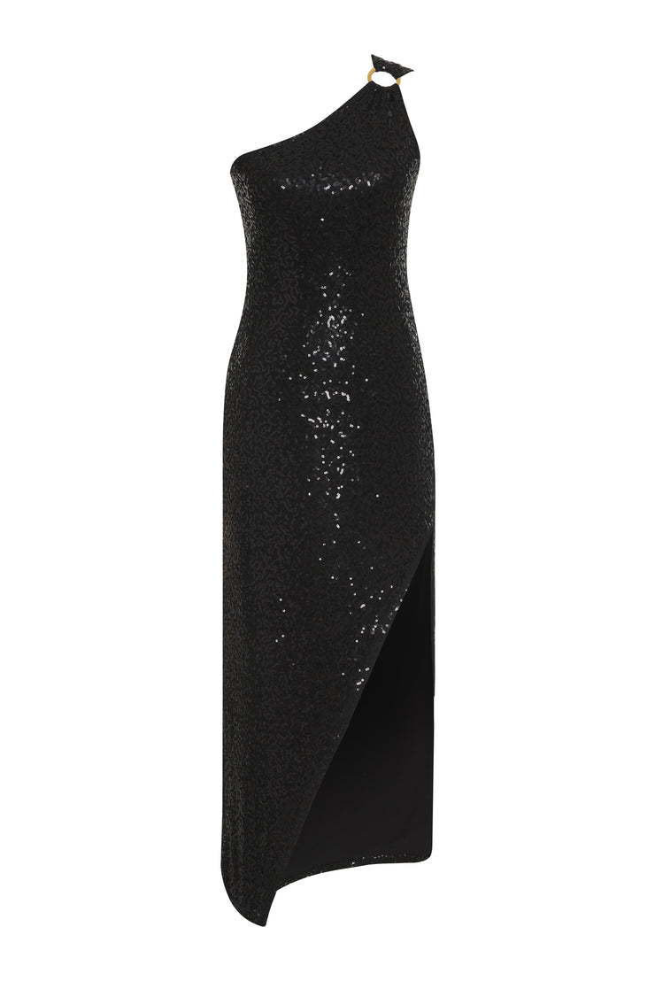 Extravagantly elegant, this Nightcap one-shoulder gown of sequins lace is the perfect show-stopper for a special evening. Crafted with a high slit and eye-catching gold ring, it exudes timeless sophistication while offering a retro glam classic look. The ideal choice for your next red-carpet appearance, guest of, or holiday cocktail party.