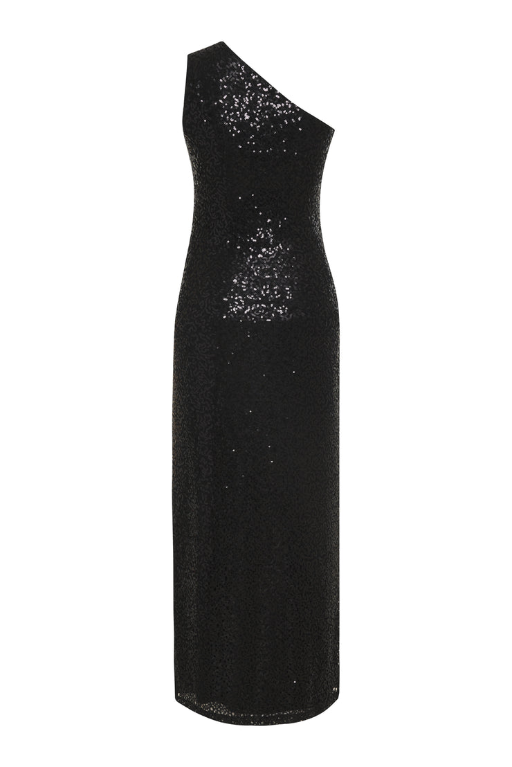 Extravagantly elegant, this Nightcap one-shoulder gown of sequins lace is the perfect show-stopper for a special evening. Crafted with a high slit and eye-catching gold ring, it exudes timeless sophistication while offering a retro glam classic look. The ideal choice for your next red-carpet appearance, guest of, or holiday cocktail party.