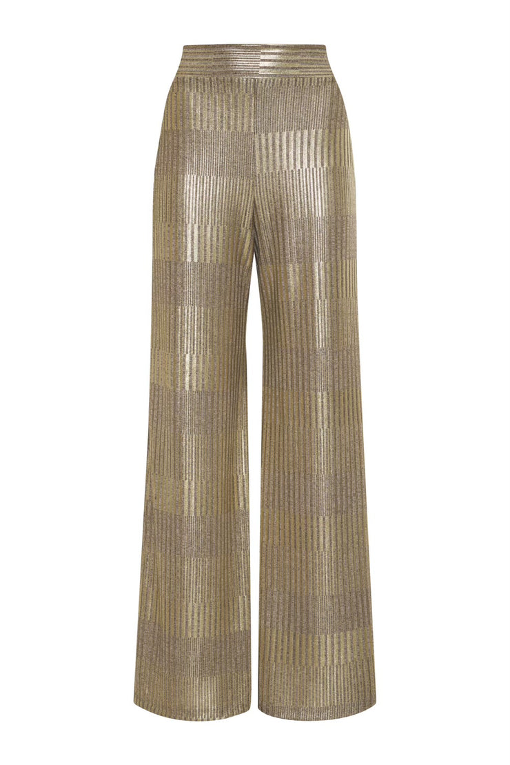 Be dressed to impress in our Lamé Wide Leg Pant. Crafted with a high-rise comfort elastic in the back and clean waistband in the front, this pant promises to provide both comfort and style. With its Lamé metallic stripe mixed with Viscose Luxury Knit specialty fabric, this pant is perfect for dressy occasions and can be styled with any of our casual or night out tops for an effortless-styled look. Sparkle wherever you go in our Lamé Wide Leg Pant and feel as comfortable as you are wearing pajama