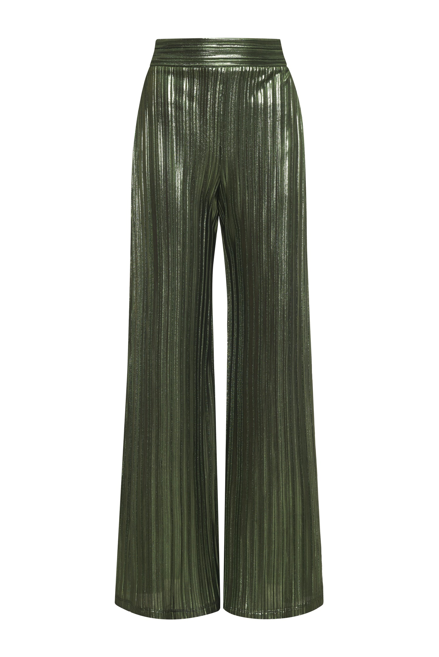 These metallic pleated wide leg pants will make any occasion sparkle. Crafted with an elastic back waistband for comfort, this loose-fit design has a high rise with a clean front waistband and flattering pleats throughout. An exclusive and elegant addition to your wardrobe. Complete the look and pair back to our Rib Ruched Top for a classic Fall look. 