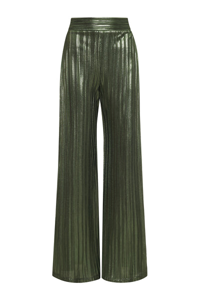 These metallic pleated wide leg pants will make any occasion sparkle. Crafted with an elastic back waistband for comfort, this loose-fit design has a high rise with a clean front waistband and flattering pleats throughout. An exclusive and elegant addition to your wardrobe. Complete the look and pair back to our Rib Ruched Top for a classic Fall look. 