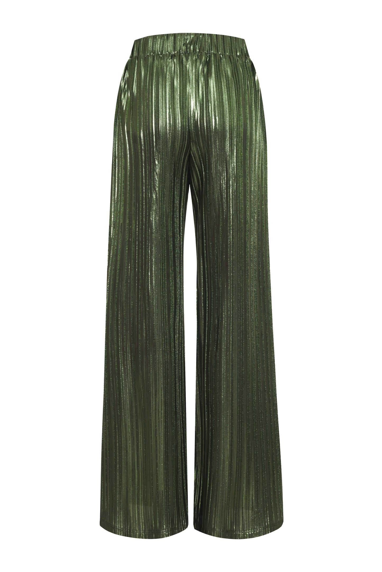 These metallic pleated wide leg pants will make any occasion sparkle. Crafted with an elastic back waistband for comfort, this loose-fit design has a high rise with a clean front waistband and flattering pleats throughout. An exclusive and elegant addition to your wardrobe. Complete the look and pair back to our Rib Ruched Top for a classic Fall look. 