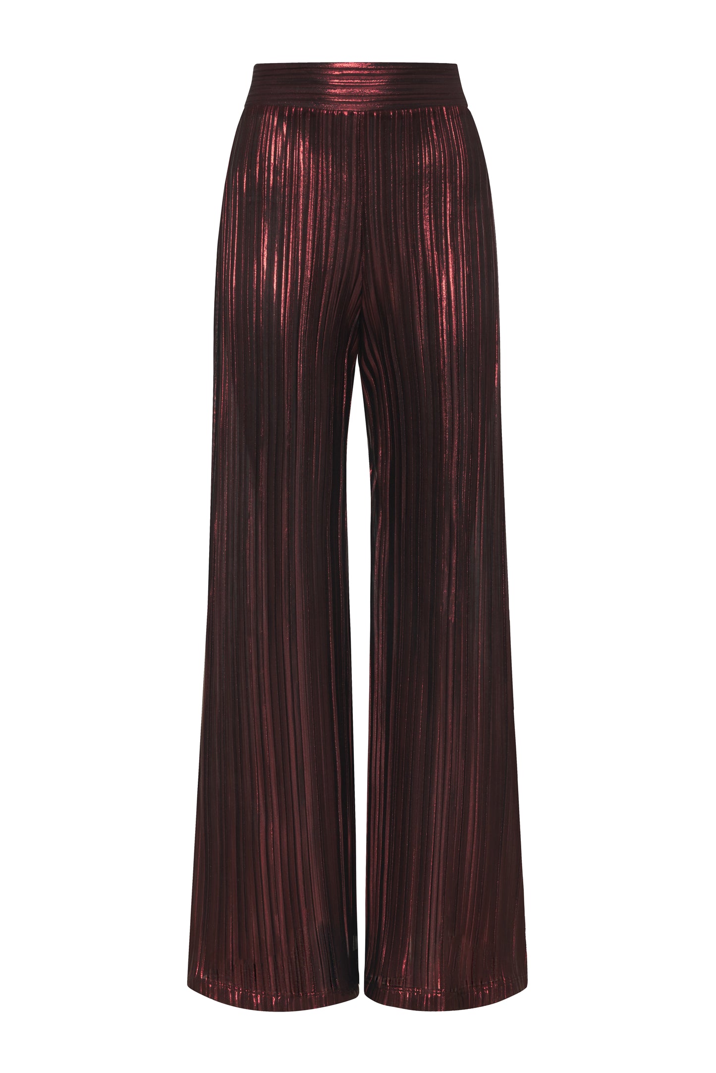 These metallic pleated wide leg pants will make any occasion sparkle. Crafted with an elastic back waistband for comfort, this loose-fit design has a high rise with a clean front waistband and flattering pleats throughout. An exclusive and elegant addition to your wardrobe. Complete the look and pair back to our Wrap Collar Top for a classic Fall look. 