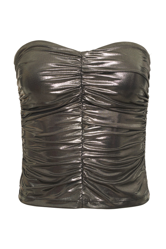 Designed to captivate, our stylish Ruched Metallic Tube Top is the perfect piece to sparkle in on date night. Crafted from a metallic Lamé fabric that shines in the light, it features delicate ruching that creates a figure-flattering silhouette. An easy and sexy piece, it's a must-have for any party occasion. Style Back to our Wide Leg Lamé pants to complete the look.