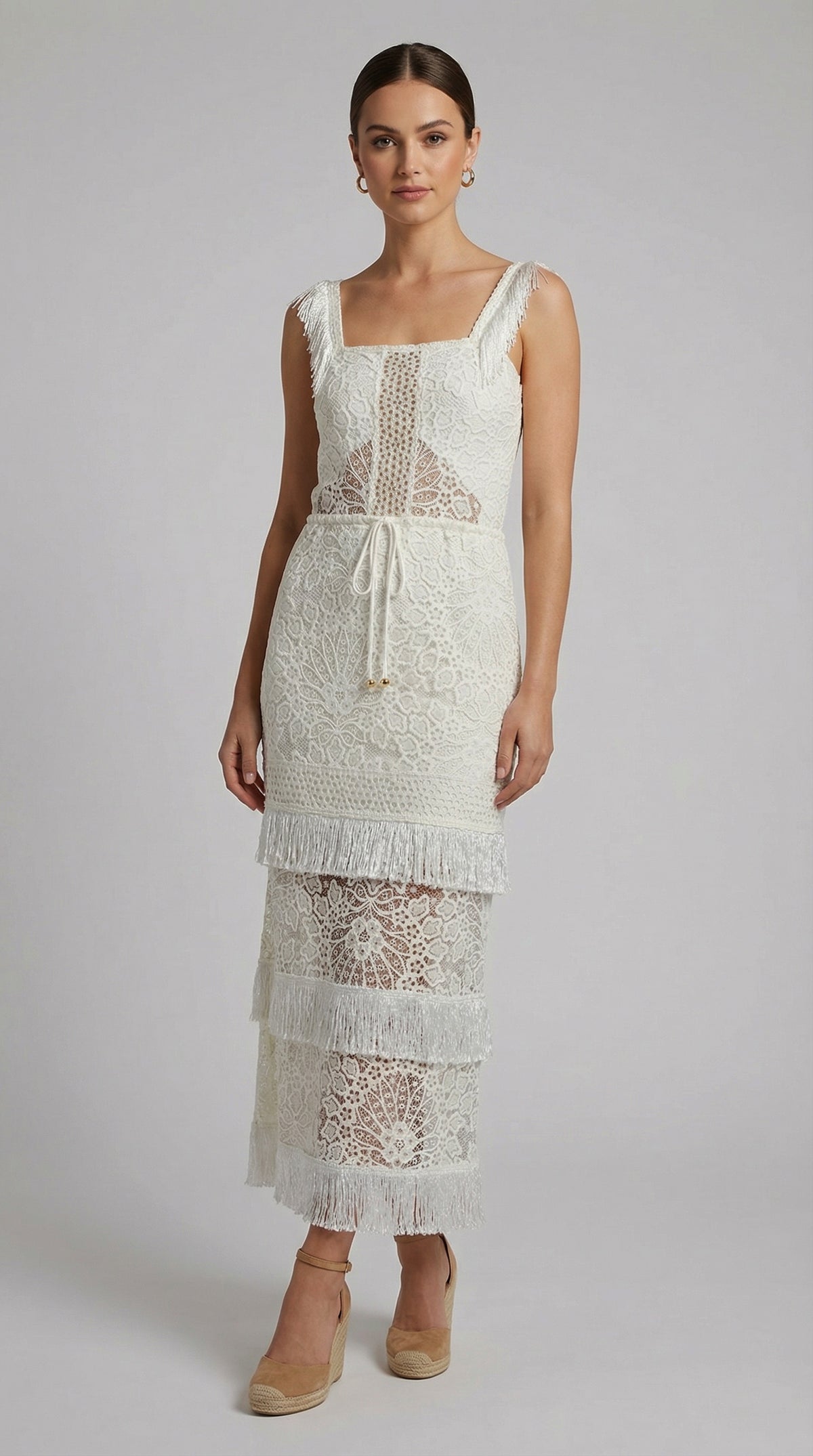 lace tassel dress Lotus Fringe Maxi Dove / XL 2XL 34.3 42.5 navy blue elegant satin dress Primary color:Chamomile Blossom Lace Wedding Dress Pretty